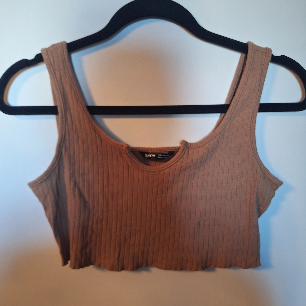 SHEIN Brown Ribbed Knit Crop Tank Top Scoop Neck Lettuce Edge Size Medium